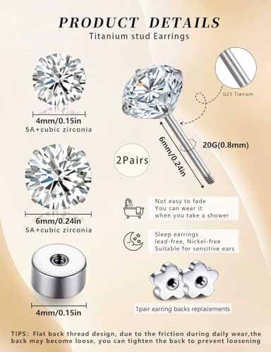 20G G23 Implant Grade Titanium Flat Back Stud Earrings for Women Men, Gold/White Gold Plated Tragus Labret Cartilage Helix F136 Piercing Jewelry for Sensitive Ears, with 4-6mm Cubic Zirconia - color: 2Pairs-20G-Silver-Rainbow Quartz-Stud Earring Sets