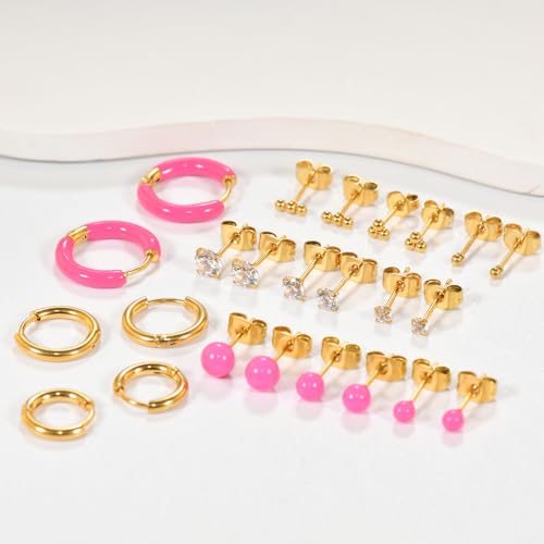 12 Pairs Stud & Hoop Earrings Set for Women 2-5mm Colorful Ball & Cubic Zirconia Stud earrings 8/10/12mm Hoop Earrings Hypoallergenic Stainless Steel Jewelry Gift Collection - color: Rose Pink