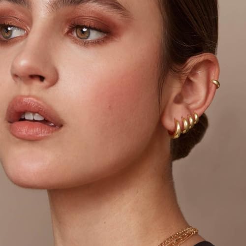 Small Chunky Hoop Earrings for Women, 14K Plated Huggie Stack | Chunky Hoop Stud Earrings Stackable, Lightweight Huggie Cartilage Ear for Multiple Piercing Jewelry Gift for Daily Wear - style: 5 Pairs-Gold
