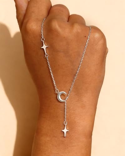White Gold Matte Moon Star Tassel Y-Necklace Adjustable Pendant Necklace for Women Celestial Jewelry Gift for Her