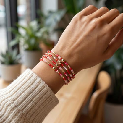 Seed Beaded Stack Bracelets Set for Women,Small Boho 4Pcs Colorful Handmade Dainty Trendy Gold Stretch Accessories Jewelry, Summer Daily Party Friendship Gift - color: Pink Red