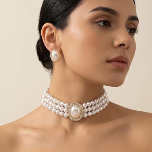 Ymapinc Big Pearl Choker Necklace and Earring Set for Women, Vintage Faux Pearl Jewelry Set, Bride Wedding Prom Party Costume Accessories, Elegant Classic Pearls Choker Gift