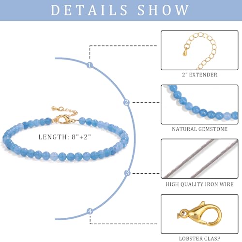 Natural Stone Beaded Anklets for Women, Handmade Boho Clear Quartz 4mm Crystal Beads Anklet, Gold Chain Adjustable Ankles Bracelet, Beach Summer Jewelry Gemstone Foot Bracelet Gift - color: Aquamarine
