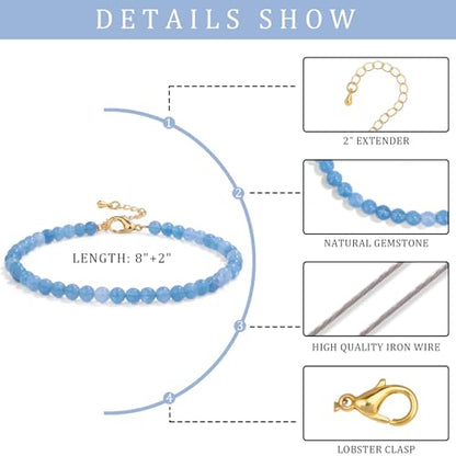 Natural Stone Beaded Anklets for Women, Handmade Boho Clear Quartz 4mm Crystal Beads Anklet, Gold Chain Adjustable Ankles Bracelet, Beach Summer Jewelry Gemstone Foot Bracelet Gift - color: Aquamarine