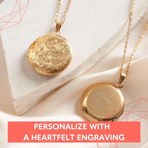 Locket Necklace for Women Girls, 18” Jewelry Chain, Picture Photo Inside, Cadenas para mujer, Personalized Custom Name Gold Locket, Customized Couples Locket, Silver, Rose Gold, Gold - color: Gold, style: 1 Photo + Engraving Necklace