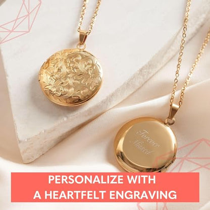 Locket Necklace for Women Girls, 18” Jewelry Chain, Picture Photo Inside, Cadenas para mujer, Personalized Custom Name Gold Locket, Customized Couples Locket, Silver, Rose Gold, Gold - color: Gold, style: 1 Photo + Engraving Necklace