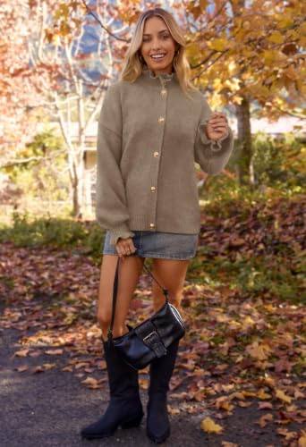 MEROKEETY Women's Fall Trendy Chunky Knit Cardigan Casual Ruffle Sweaters | Button Down, Long Sleeve, Cute Ruffle Collar, Mock Neck, Fashion Cozy Knit Sweater, Dressy Casual Winter Outerwear Clothes - color: Camel, size: Large