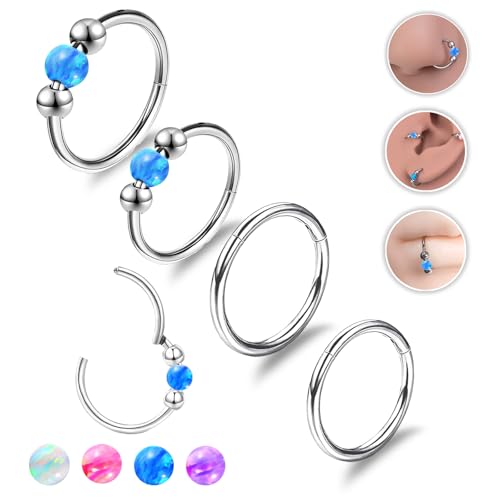 4PCS Nose Rings Opal 18G Nose Hoops 316L Surgical Steel Hypoallergernic Nose Piercings Jewelry for Women Nose Rings Suitable for Septum Rings Cartilage Earring Tragus Earring - color: Silver Bule, size: 4 PCS 18G 8mm*10mm