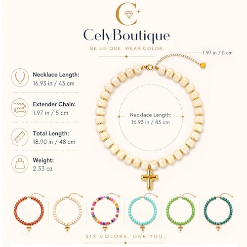 Colorful Resin Chunky Beaded Necklace for Women Modern Statement Choker Necklace with Gold Tone Cross Pendant Boho Summer Jewelry Gift - color: Ivory White-1