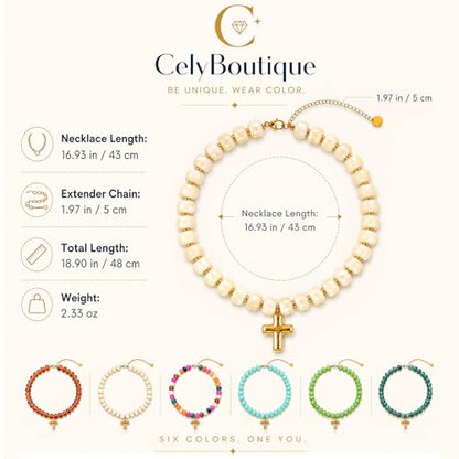 Colorful Resin Chunky Beaded Necklace for Women Modern Statement Choker Necklace with Gold Tone Cross Pendant Boho Summer Jewelry Gift - color: Ivory White-1