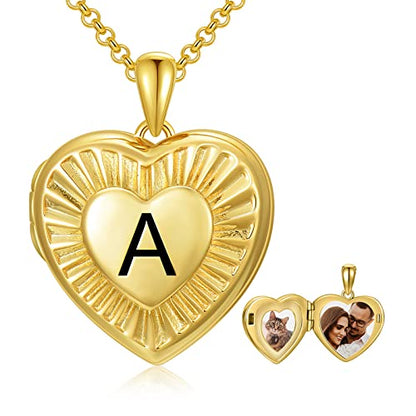 SOULMEET 10K 14K 18K Solid Yellow Gold/Plated Gold Locket Radiation Initial Heart Locket Necklace that Holds Pictures Personalized Photo Locket Necklace Alphabet A-Z - style: A-locket+photo