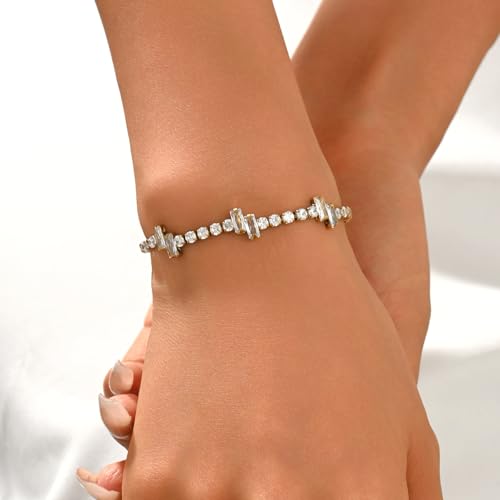 18K Gold Plated Cubic Zirconia Tennis Bracelet for Women Sparkling Stackable Stainless Steel Jewelry Hypoallergenic Tarnish Resistant Bridal Gift - color: White Baguette CZ-Gold