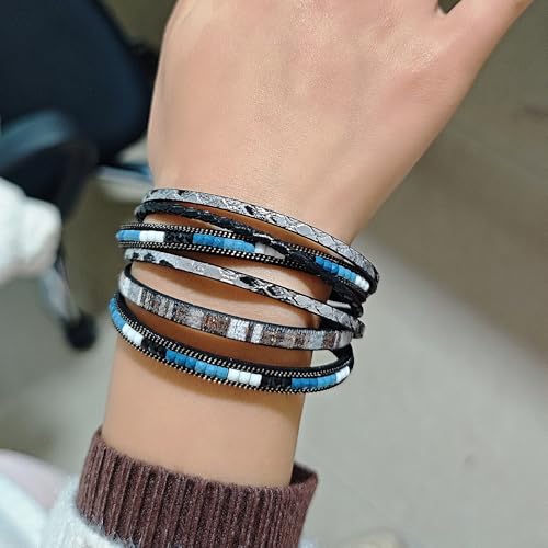 ZMANYIJEW Leather Wrap Bracelets for Women,Boho Cuff Bracelets Multi-Layer Crystal Beads Cuff Bracelet Multilayered Leopard Leather Braided Bangle Wrist Cuff Bangles - style: black