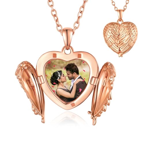 FindChic Locket Necklace for Women Custom Photo Memorial Gifts 4 Colors | Silver/Black/Rose Gold/Gold Plated Personalized for Loved Ones, Birthday Valentine's Day Keepsake - style: 02. Angel Wing 2-Rose Gold