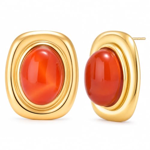 Chunky Gold Stud Earrings for Women 18K Gold Plated Hypoallergenic Chunky Statement Earrings Big Natural Crystal Stone Earring Gift for Women - color: Carnelian
