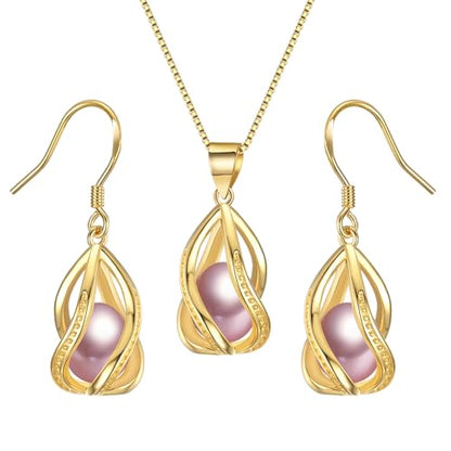 Pearl Jewelry Set For Women S925 Sterling Silver/14K Gold Plated Necklace & Earrings Set Freshwater Pearl Pendant Cage Set for Wedding Anniversary Prom Birthday Gift - color: Golden-Purple