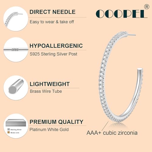 925 Sterling Silver Earrings Large Rhinestone Hoop Earrings Big Cubic Zirconia Hoop Earrings Thin Rhinestones Round Hoop Earrings for Women 20/30/40/50/60/70mm Sparkly Hoops With Crystals for Womens - color: 50mm-Silver
