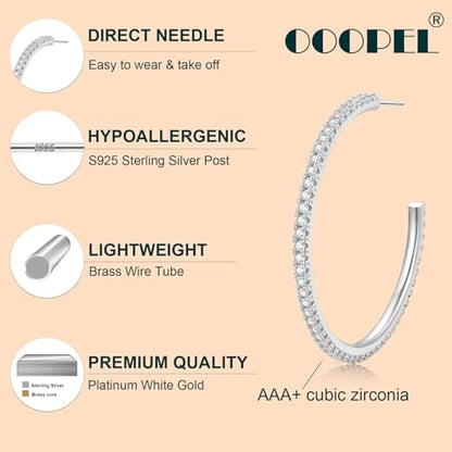925 Sterling Silver Earrings Large Rhinestone Hoop Earrings Big Cubic Zirconia Hoop Earrings Thin Rhinestones Round Hoop Earrings for Women 20/30/40/50/60/70mm Sparkly Hoops With Crystals for Womens - color: 50mm-Silver