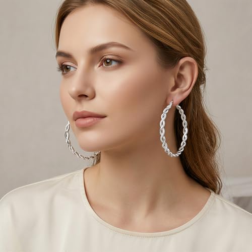 Senteria S925 Sterling Silver Post Twisted Hoop Earrings Hypoallergenic | Lightweight Silver Hoop Earrings AAAAA Cubic Zirconia Nickel Free for Sensitive Ears Twisted Hoops for Women Gifts 20-60MM - color: silver-60mm