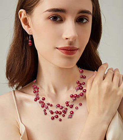FULU AUTUMN Layered Pearl Necklace Multi-strand Pearl Choker Necklaces for Women Beaded jewelry for Wedding Parties - color: 37-Red