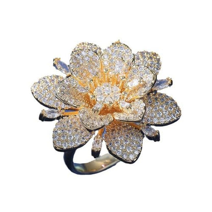 Kokoma Double Layered Rhinestone Flower Ring for Women Cubic Zirconia Geometry Sunflower Wrap Finger Band Adjustable Open Bands Rings Engagement Jewelry - color: Gold