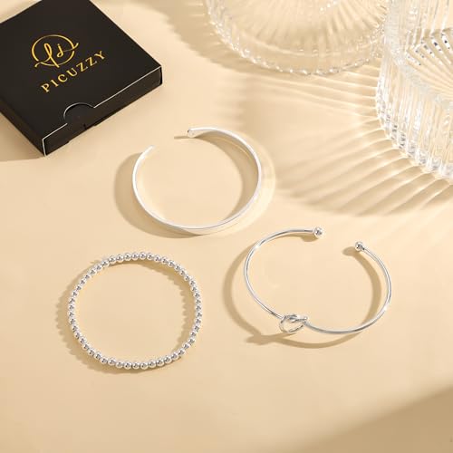 14K Gold Plated Stackable Bangle Bracelets for Women | Dainty Cuff Bracelets, Stackable for Women, Waterproof Bracelet Stack, Gold Jewelry Gifts Trendy Adjustable Accessories - color: 3-layer-C-Silver
