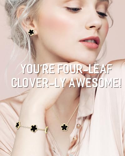 AICase Clover Jewelry Set,18K Gold Plated Lucky Clover Bracelet,Four Leaf Clover Necklace and Clover Earrings Fashion Jewelry Sets Gifts for Women/Mon - color: Black