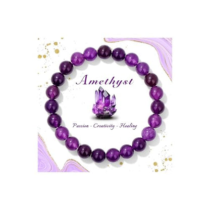 Raicegs 4 6 8MM Beaded Bracelets Healing Crystal Bracelet for Women Men Natural Stone Handmade Stretch Bracelet Reiki Spiritual Jewelry - color: Amethyst, size: 8mm