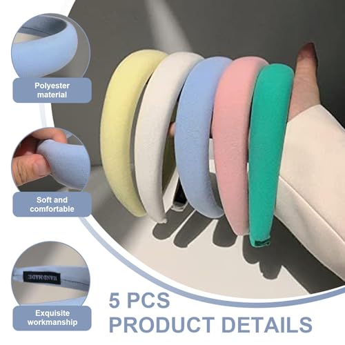 5PCS Padded Headband,Padded Headbands for Women, Wide Plain Puffy Headband, Fashion Elastic Thick Headbands, Portable Thick Hair Accessories for Barrette Styling Tools