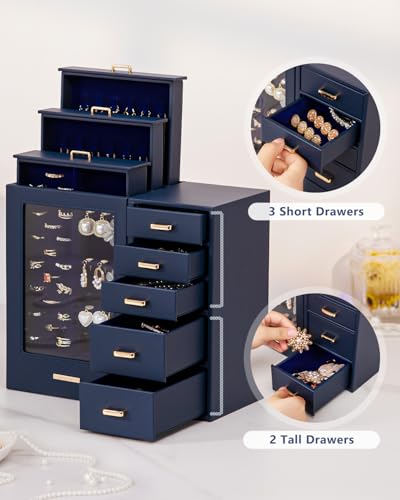 Homde Large Jewelry Box/Organizer/Case with Glass Window, Drawers for Necklaces Earrings Rings Bracelets Watches Gift for Women Girls - color: Dark Blue