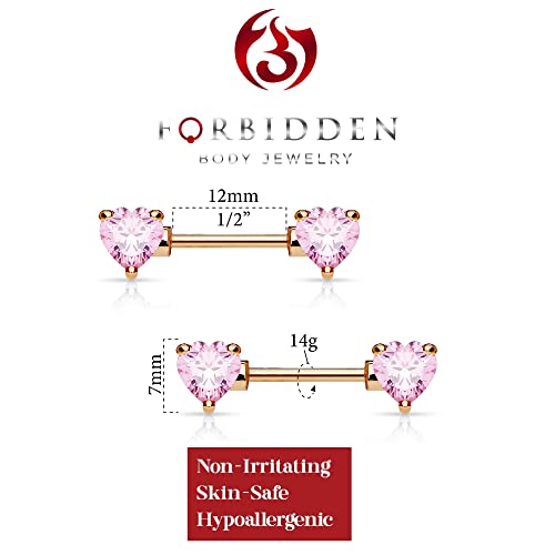 Forbidden Body Jewelry Pair of Surgical Steel 1/2-5/8 Inch (12-16mm) Cubic Zirconia Crystal Double Heart Nipple Barbells - style: Pink (Rose Gold Tone)