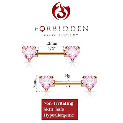Forbidden Body Jewelry Pair of Surgical Steel 1/2-5/8 Inch (12-16mm) Cubic Zirconia Crystal Double Heart Nipple Barbells - style: Pink (Rose Gold Tone)