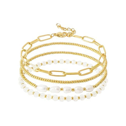 Dainty Gold Plated Pearl Crystal Beaded Bracelets Set for Women 14K Gold Plated Bead Pearl Beads Bracelet Stackable Paperclip Link Chain Bracelets Gold Plated Bracelets for Women Trendy Jewelry - color: Style2-crystal(18k gold plated)
