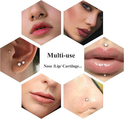 Aumeo 20G 18G 16G Threadless Push in Nose Rings Studs Surgical Steel Labret Jewelry Monroe Lip Rings Studs Medusa Ashley Piercing Jewelry for Women - color: Silver, size: 18g*6/7/8/10/12mm+grabber tool