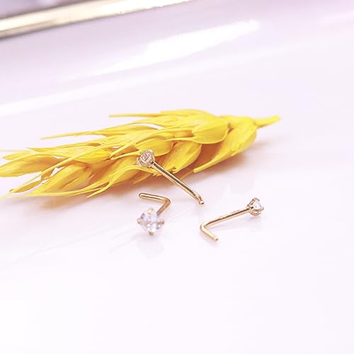 3 Pcs 14K Gold Filled Nose Studs 20G Stainless Steel Stud Nose Ring 2mm/2.5mm/3mm Round CZ L Bend Nose Stud Hypoallergenic Nose Piercing - color: gold L