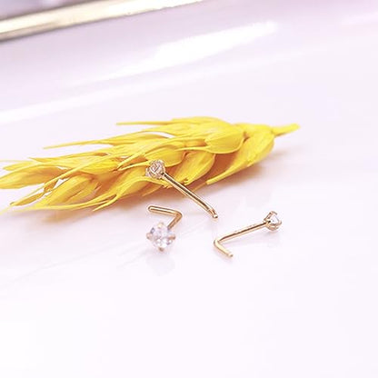 3 Pcs 14K Gold Filled Nose Studs 20G Stainless Steel Stud Nose Ring 2mm/2.5mm/3mm Round CZ L Bend Nose Stud Hypoallergenic Nose Piercing - color: gold L