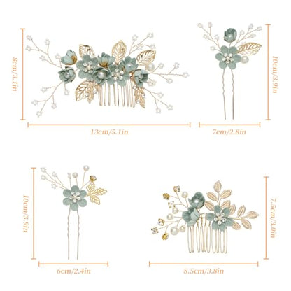 6 Pcs Bridal Hair Accessories French Hair Side Combs and Hair Pins,Gold Wedding Jewelry Headpiece with Rhinestone for Brides Bridesmaids Women Girls(Green Flower） - color: Green
