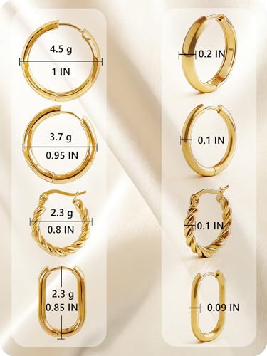 4 Pairs Gold Hoop Earrings for Women - 14K Gold Plated 316 Stainless Steel, Hypoallergenic Lightweight Huggie & Twisted Hoop Earring Set 20/22/24/25 mm
