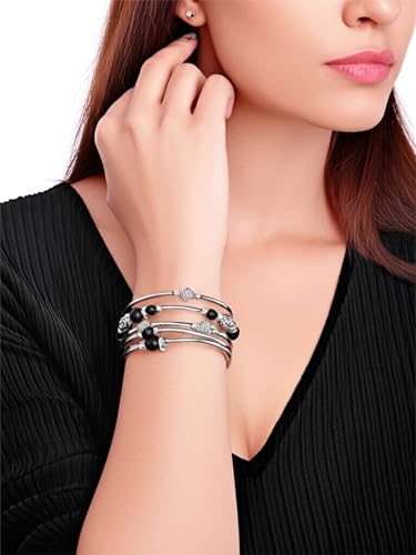 Boho Wrap Beaded Bracelet for Women – Handmade Natural Stone Jewelry – Stainless Steel Adjustable Ethnic Chic Gift - color: Volcano Rock