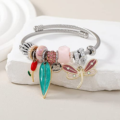 DS Charm Bracelets for girls,exquisite cute cartoon friendship bracelets Silver Stainless Steel Bangle with birthday Gift box, Adjustable girls jewelry Suitable for holiday gifts - style: Silver-pink Dragonfly