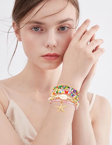LALAPPLE Shell Bracelet Boho Beaded Stretch Bracelets for Women Seashell Strand Bracelets Starfish Charm Jewelry Summer Beach Jewelry Stackable Crystal Gold Plated Beads Bracelet for Women - style: Style1