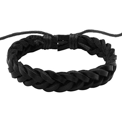 Eigso PU Leather Braided Handmade Cuff Wrap Bracelet Handbands for Men Women Stackable Adjustable - color: Black