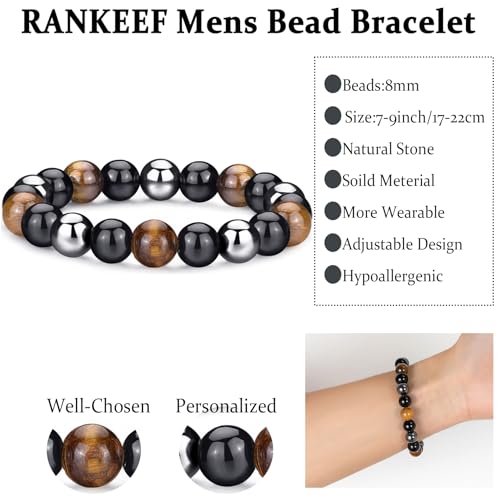 Mens Bead Bracelet Set - Adjustable Elastic Rope With 6&8MM Natural Stone Multi-Colored Beads - Tiger Eye Bracelets for Men - Gift - style: 3,tiger eye,black bracelets set