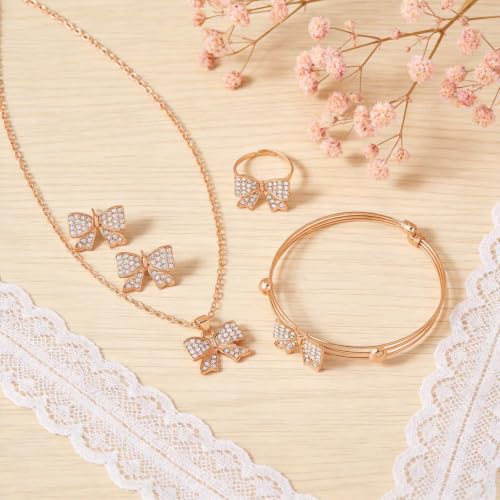 1 Set 4 Pcs Bow Jewelry Set Silver-tone Rhinestone Adjustable Bow Necklace, Earrings, Bracelet, Ring for Women, Party, Daily - color: Gold
