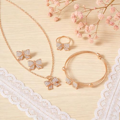 1 Set 4 Pcs Bow Jewelry Set Silver-tone Rhinestone Adjustable Bow Necklace, Earrings, Bracelet, Ring for Women, Party, Daily - color: Gold