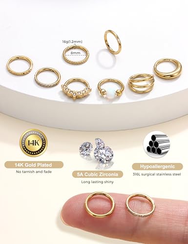LOLIAS Septum Nose Rings Hoops - 316L Surgical Steel Septum Rings CZ Opal Silver 14K Gold Plated Hoop Nose Ring for Women 16G/18G Clicker Cartilage Earring Conch Daith Nostril Piercing Jewelry 8mm/10mm 8Pcs - color: 14K Gold, size: 16G 8MM
