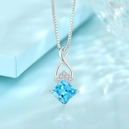 Infinity Necklace 925 Sterling Silver Princess Cut Pendant Birthstone Jewelry for Women - color: Sea Blue