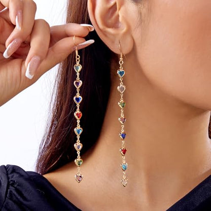 Sparkly Crystal Heart Long Chain Drop Earrings For Women Colorful Love Heart Tassel Statement Dangle Earrings Birthday Prom Jewelry Gifts - color: Gold