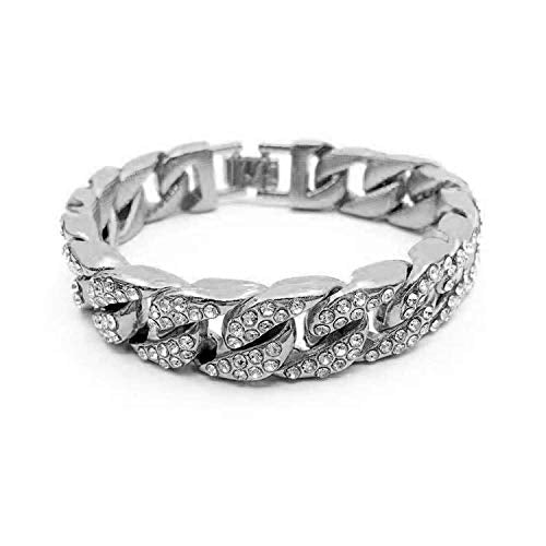 Mens Womens Cuban Link Bracelet Hip Hop Bracelet Stainless Steel Chain Bracelet Iced Out Curb Cuban 18k Gold Plated Bracelet With Clear Rhinestones - color: A-Silver-8.26in