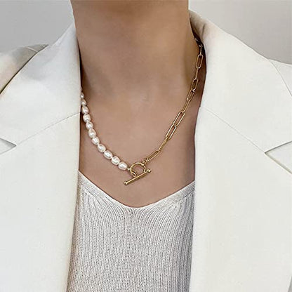 Pearl Necklace for Women Paperclip Chain Chunky Gold Necklace, Freshwater Cultured Pearls Trendy Link Chain 18K Gold Plated Dainty Pearl Choker - color: Gold Paper Clip Pearl Necklace
